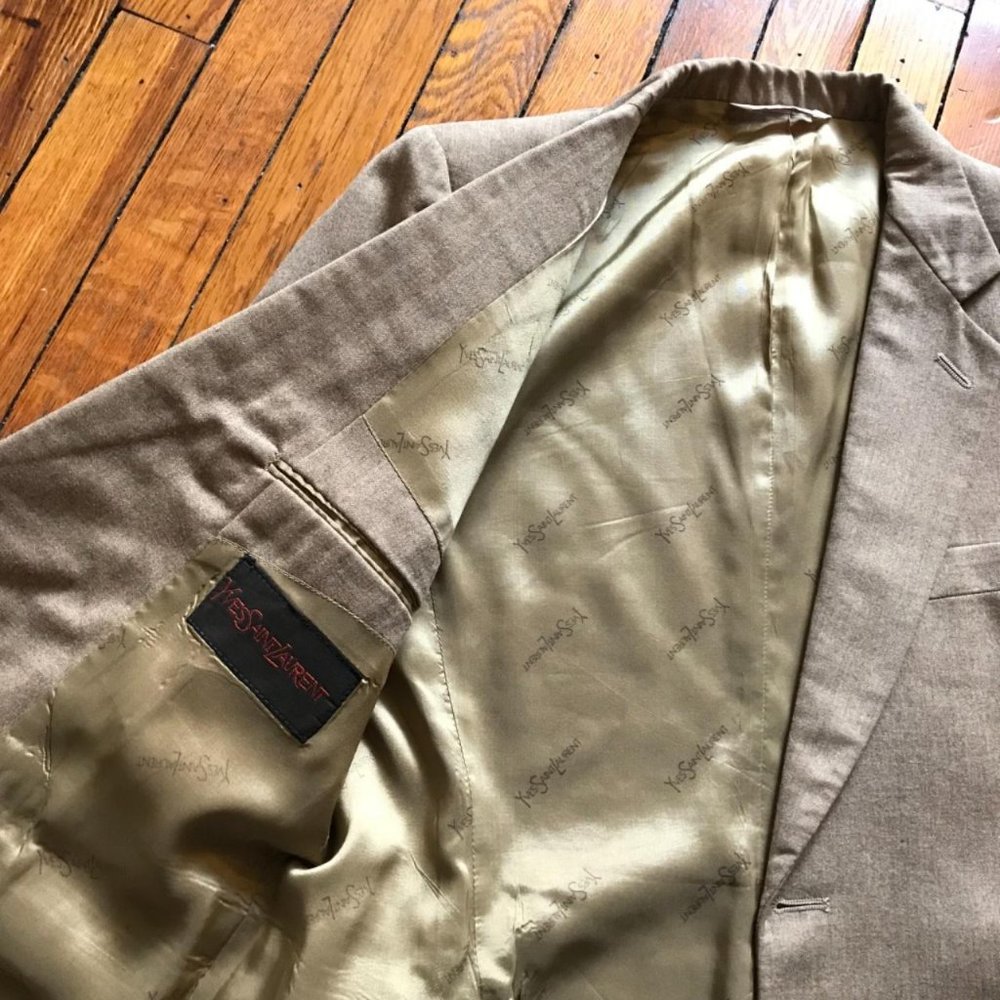 Vintage 80s Yves Saint Laurent Women Beige Tan Gold 2 Button Blazer Sport Coat‎ - Picture 2 of 4